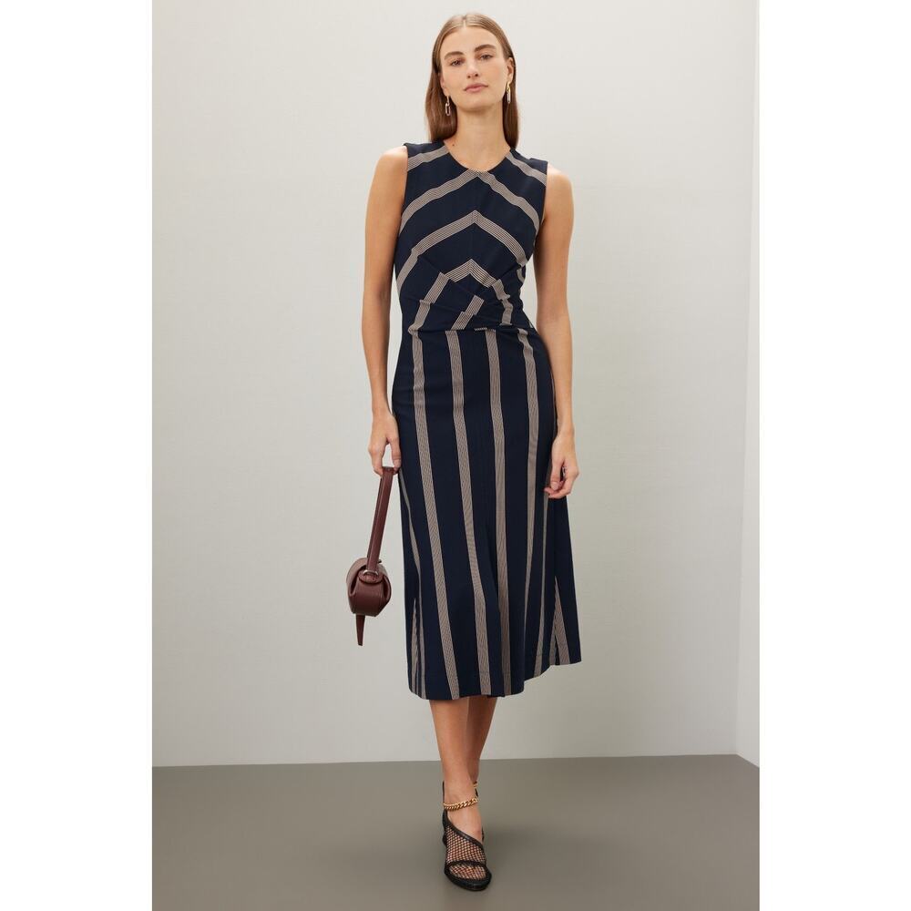 TANYA TAYLOR Dark Navy Blue Pinstripe A-Line Sleeveless Midi Dress Size Large